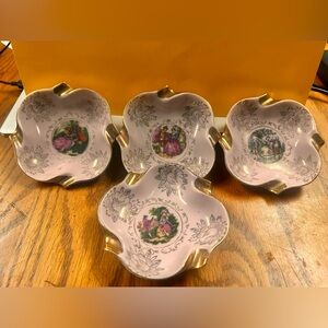 Victorian themed pink porcelain ashtrays with gold trim. Lot of 4.